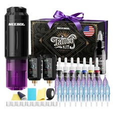 Wireless Tattoo Gun Kit with 2x1600mAh Battery LED Display Needles Set