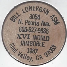 1987, XVI WORLD JAMBOREE, Bill Lonergan, Simi Valley, California, Wooden Nickel