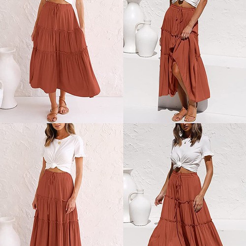 2024 Maxirock Glockenrock Stufen lang Vintage Boho Damen Falten Swing Rock - Bild 16 von 23