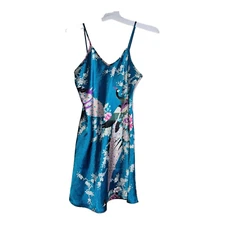 Avid Love Short Silky Chemise Nightgown Emerald Satin Peacock Floral Design