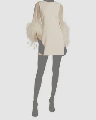 Alice + Olivia Women's Ivory Silk Feather Cuffs Round Neck Izola Dress Size 8