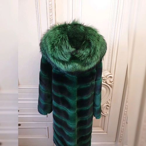 Men's Natural Rex Rabbit Fur Green Coat With Silver Fox Hood Winter Fur Overcoat - Picture 2 of 4