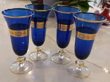 (4) INTERGLASS Italy 24K Gold Band COBALT BLUE 8" Champagne Flutes TAGS ~ READ 