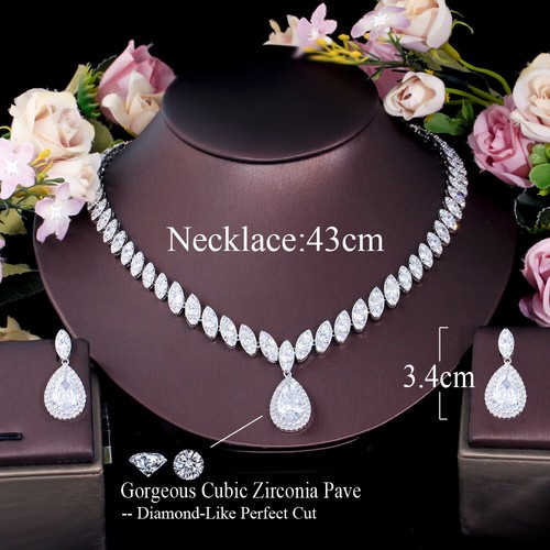 Versilbert CZ Rotes Blatt Hochzeit Halskette Ohrringe Luxus Brautschmuck Set - Bild 7 von 15