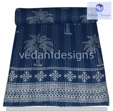 Vintage Block Kantha Quilt Blanket Indian Bedspread Coverlet Throw Art