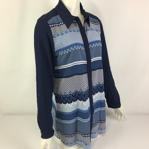 Trent Nathan Blouse Blue Size 12 Navy White Geo Print Long Roll Tab Sleeve - Picture 5 of 13