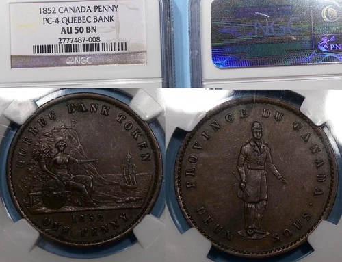1852 QUEBEC BANK PENNY NGC AU 50 BN CANADA AUCTION COMP $132 #VAM-33
