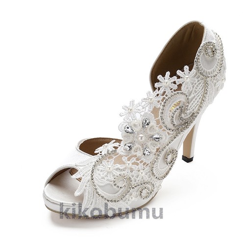 WHITE IVORY 3" 4" Open Toe Satin Ribbon bridal high heels evening wedding shoes - Picture 3 of 4