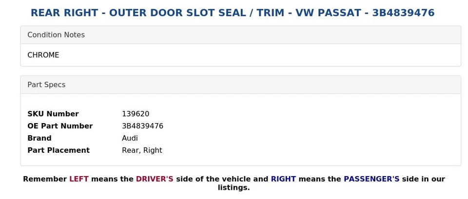 REAR RIGHT - OUTER DOOR SLOT SEAL / TRIM - VW PASSAT - 3B4839476 - Image 4 of 4