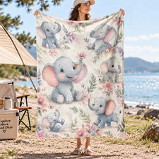 Floral Elephant Family Coral Fleece Blanket Safari Animal Decor