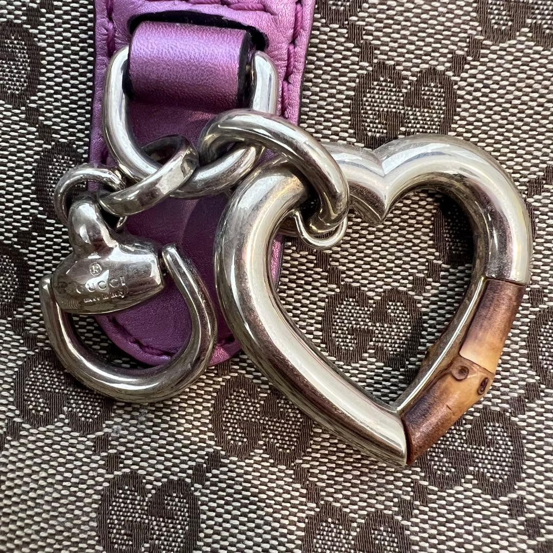 GUCCI Tote Bag Pink Canvas Leather Heart Charm Bamboo Gold Authentic Women's thumbnail 11