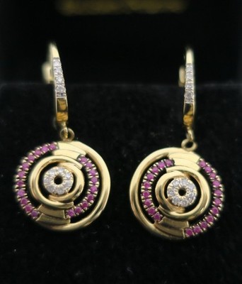 14K Yellow Gold Ruby Diamond Concentric Circle Drop Earrings Leverback