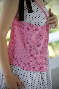 Handmade Crochet Pink Tote Bag Filet Knit Dog Puppy Pattern Shoulder Market Purs