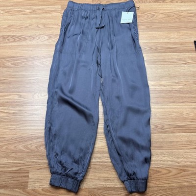 Bella Dahl High Waist Jogger Pants Womens L Gray Viscose Rayon Satin Drawstring