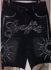 NWT  Romwe Streetwear Graffiti Rhinestone Shorts Size 30 Black Silver