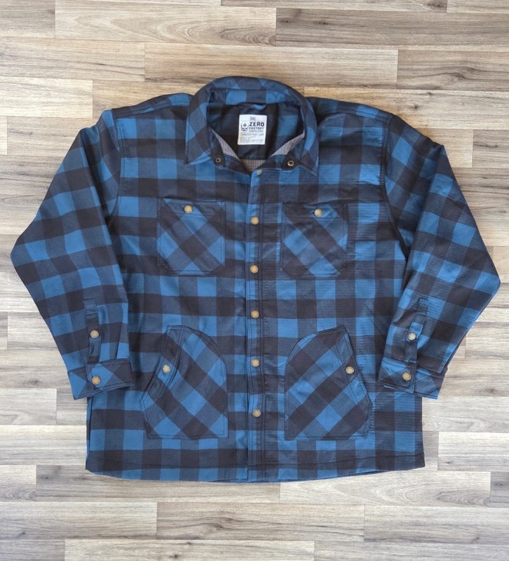 Zero Foxtrot Flannel Shacket 3XL Fleece Lined Blue Buffalo Plaid Workwear Grunge