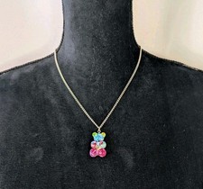 Clear Tie Dye 3D Gummy Bear Pendant Necklace Silver Tone Chain Costume Jewelry
