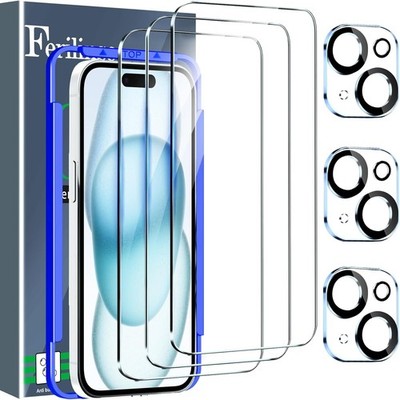 3 Pack Screen Protector for iPhone 15 & 3 Pack Tempered Glass Camera Lens Protec