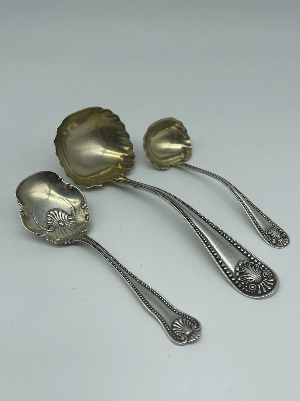 Whiting Mfg. Co. .925 Sterling Beaded Shell Ladles & Sugar Shell c1880- 89 grams