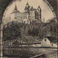 Castle Castle Historical View Benesch Signed Ink Drawing Mid 20th Century