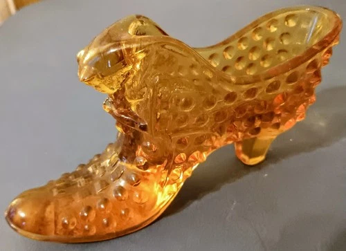 Vintage Fenton Hobnail Art Glass Shoe/Slipper Amber with Cat Head