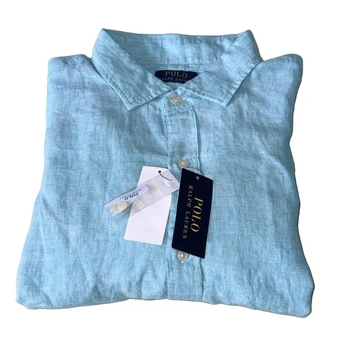 NWT! Ralph Lauren 100% Linen LS Dress Shirt Men Size S Turquoise Blue Classic