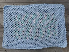 Handmade Crochet Baby Blanket   Teal Blue  White Afghan 36x24 Unisex Gift - NEW