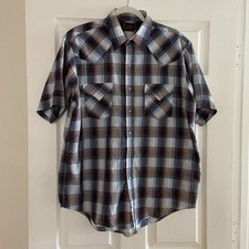 Men  s Plains Western Wear Short Sleeve Pearl Snap Button Down Shirt Size Large