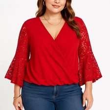 Amy Wear Red Blouse Top Size L Lace Bell Sleeve Surplice Faux Wrap