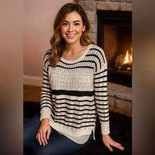 Charming Charlie Women Knit Sweater Blouse Layer Look Striped Pullover Size M