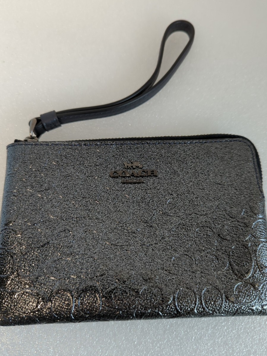 COACH Signature Debossed Patent Leather Corner Zip Wristlet~Black