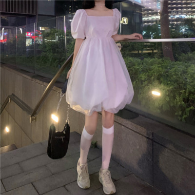 Damen Minikleid Kurz Puffärmel Lolita Tutu Süß Organza Freizeit Schwarz Neu