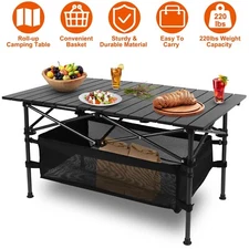 Roll-up Top Outdoor Folding Aluminum Camping Picnic Table Dining Table Basket