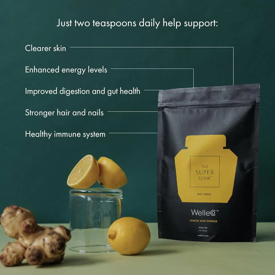 WelleCo The Super Elixir - Daily Greens Powder,Vegan Hair & Lemon & Ginger, 300g - Image 3 of 4