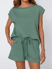 Round Neck Cap Sleeve Top and Shorts Set