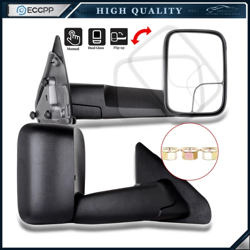 Pair Black Flip Up Manual Tow Mirrors For 02-08 Dodge Ram 1500 03-09 2500 3500