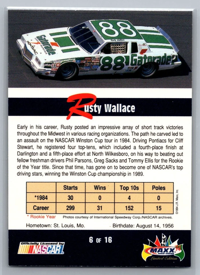 1994 Maxx Rookies of the Year #6 Rusty Wallace! 1984 Rookie of the Year Penske - Image 2 of 2
