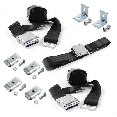 Ford Truck 1967 - 1979  Airplane 2pt Black Retractable Bench Seat Belt Kit w/ Br