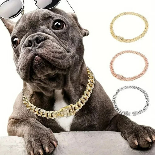 Collar de cadena cubana chapado en oro para mascotas con circonita cúbica bling collar gato perro - Imagen 2 de 23