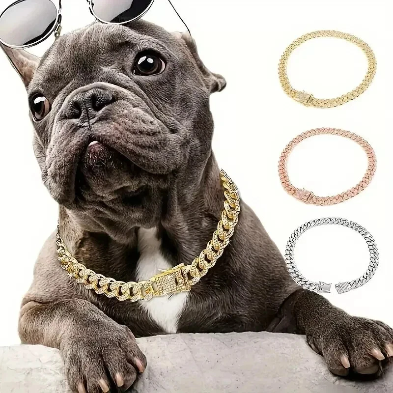 Collar de cadena cubana chapado en oro para mascotas con circonita cúbica collar brillante gato perro Foto 2 de 4