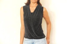 90s Black metallic blouse Shimmering evening party top Vintage disco sparkly top