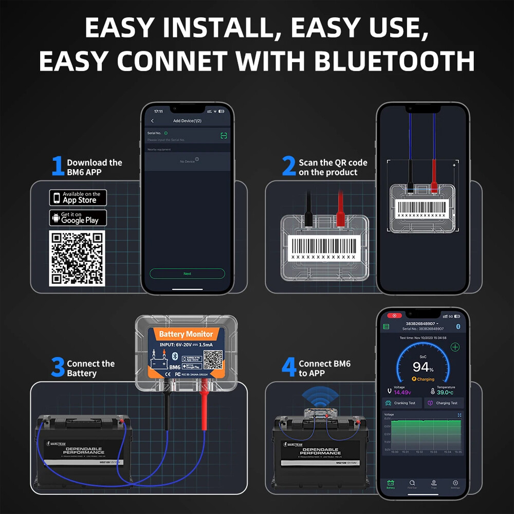 QUICKLYNKS BM6 Car Health Cranking Charging Analyzer 12V Battery Monitor Tester