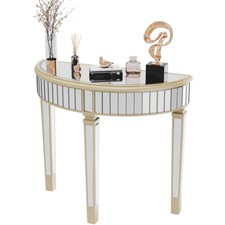 Glass Mirror Console Table Semi-circle Entryway Storage Shelf Half-moon Carvings