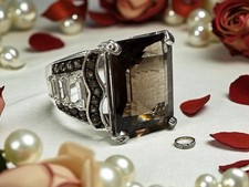 Sterling Silver Smoky Quartz Emerald cut White Topaz Cocktail Ring, Size 7.5