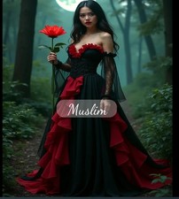 Black And Red Gothic Wedding Dress Fairy Sweetheart Bride Dress Lace Bridal Gown