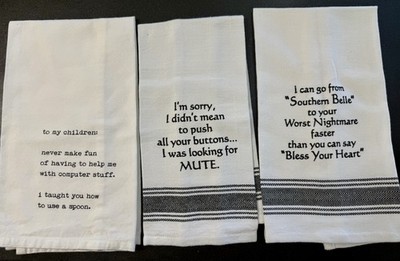 Lot of 3 Funny Kitchen Towels   Cotton, Dev D + Unbranded, New No Tags