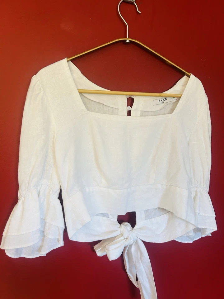 NA-KD 100% Linen White Cut-Out Tie Open Back Flared Sleeves Crop Top 36 Uk 8 - Image 2 of 4