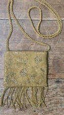 Vtg Gold Glass Beaded Purse Evening Bag Crossbody Strap Bead Fringe Flapper Look