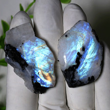 Pièces de luxe brutes ~ 2 dalles de gemmes polies en pierre de lune arc-en-ci...