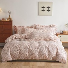 Girls Duvet Cover with Pink Red Flower Pattern Queen 90" x 90" Sping Blooming